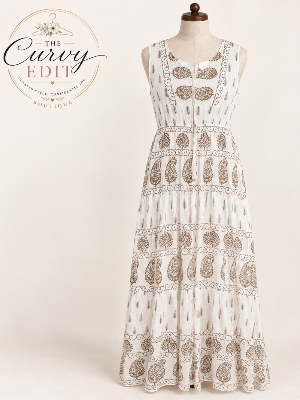 Lapogee Ivory Taupe Western Boho Print Tiered Maxi Dress XL Coastal Cowgirl